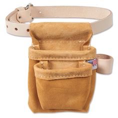 a tan suede pouch with two pockets and a white belt around the waist strap