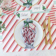 two plates with candy canes and place cards on them