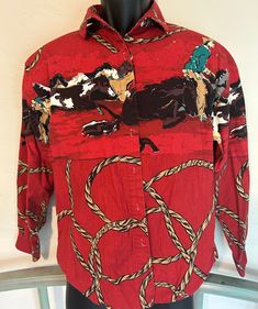 Vintage Roughrider by Circle T button up in a women's size small. Red with horse and cowboy graphics and rope detail all around the shirt. Fits true to size and is excellent condition.  A very rare find! Cowboy Western, Cow Boy, Shirt Fits, Western Shirt, Western Shirts, Western Cowboy, Very Rare, Womens Clothing Tops, Cowboy