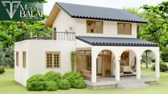 a white house with black roof and balconies