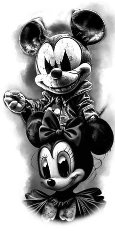 a black and white drawing of mickey mouse