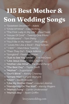 a man in a white shirt and tie is holding his wedding ring with the words, best mother & son wedding songs