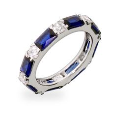 The Sapphire and Diamond CZ Stackable Eternity Band is beautiful & classic. The ring features blue CZ baguettes & round cut white CZs for a timeless look. Sapphire Band Stackable, Eternity Rings Stackable, Sapphire And Diamond Band, Coordinates Jewelry, Sapphire Band, Eternity Band Ring, Cz Stud Earrings, Blue Gems, Engraved Jewelry