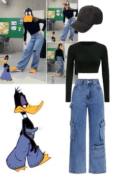 a woman in black shirt and blue jeans with donald duck on the side wearing an oversized hat