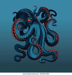 an octopus with red eyes and tentacles in the ocean, on a dark blue background