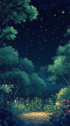 a painting of a forest at night with stars in the sky and flowers on the ground