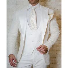 Luxury Designer Tuxedo Men Suits 3 Piece White Coin Patterned Suits Wedding Party Suits Elegant Suits Formal Fashion Suits Bespoke For Men Tuxedo For Wedding, Tuxedo Groom, Suit For Men Wedding, Men Costume, Prom Tuxedo, White Prom, White Tuxedo