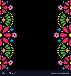 an abstract floral design in pink, green and yellow colors on black background with stars