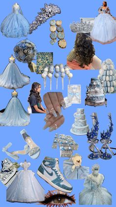 a collage of different types of wedding dresses and shoes on display in front of a blue background