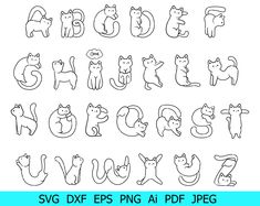 the alphabet with cats on it is outlined in black and white, as well as an outline