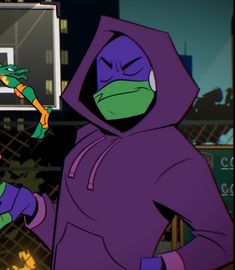 the teenaged ninja turtles are playing basketball in their purple hoodies and sweatshirts