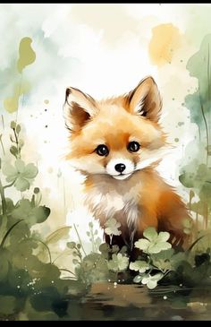 a painting of a little fox sitting in the grass