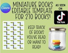 there is a jar with books in it and the text reads, miniature books editable template for 2 to 10 books