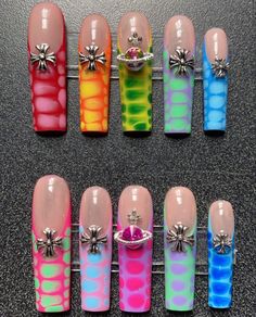 Funky Nail Ideas Long, Rave Nails Festivals, Funky Acrylic Nails, Crazy Nails Ideas, Lisa Frank Nails, Dot Nail Art Designs, Tree Nail Art, Almond Nail Art, Hippie Nails