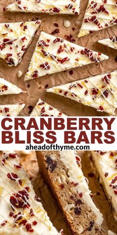 cranberry bliss bars with white frosting on top are cut into squares and arranged in rows