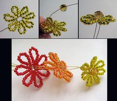 four different types of beaded flowers are shown