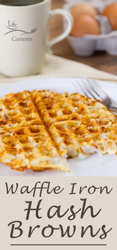 waffle iron hash browns on a white plate with coffee and eggs in the background