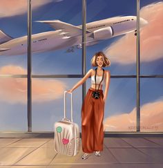 a painting of a woman with luggage in front of an airplane