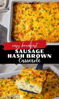 egg breakfast sausage hash browns casserole in a baking dish