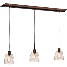 three lights hanging from a ceiling fixture with glass shades on the bottom and one light above it