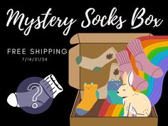 the mystery socks box is full of colorful socks and an animal with a question mark on it