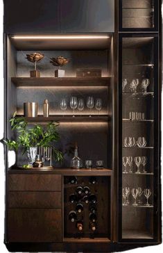 an open cabinet with wine glasses and other items