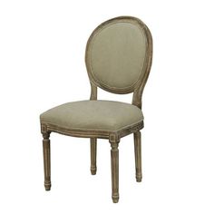 the back side of a chair with a beige upholstered seat