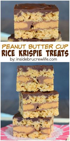 peanut butter cup rice krispie treats stacked on top of each other