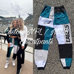 Custom Patchwork Sweatpants // Merch // NFL // MLB // NBA // Nhl // Sports Teams // College Merch // Tailgate // Game Day Fit - Etsy Philadelphia Eagles Outfits For Women, Eagles Game Day Outfit, Reworked Sweatpants, Sweatpants Diy, Patchwork Sweatpants, College Merch, Tailgate Games, Reworked Clothing, Clothing Projects