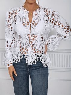 White Non-stretch Party Blouse, White Hollow Out Fitted Tops, White Hollow Out Top For Party, Chic Hollow Out Blouse For Summer, Chic Long Sleeve Hollow Out Tops, Fitted White Cutout Tops, Fitted Hollow Out Top For Vacation, Chic Hollow Out Summer Blouse, Chic Summer Hollow Out Blouse