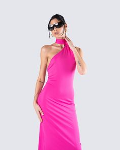 Step into the spotlight with this fierce hot pink dress 💕 Crafted from stretchy jersey fabric, and complete with a high/low hem, a bodycon fit, and a one-shoulder design - this look will turn every day into a runway 😌 Fitted One Shoulder Pink Dress For Summer, Fitted One-shoulder Pink Dress For Summer, Pink One Shoulder Bodycon Dress, Pink One-shoulder Bodycon Dress, Pink Asymmetrical Neckline Bodycon Dress For Night Out, One Shoulder Stretch Bodycon Dress For Party Season, Fitted Pink One Shoulder Dress For Evening, Pink Fitted One Shoulder Evening Dress, Chic Asymmetrical Pink Bodycon Dress