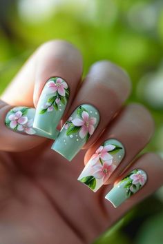 Summer Nail Flower Designs, Floral Nail Designs Summer, Pink Nail Art Designs, Simple Spring Nails, Easter Nail Designs, Spring Nail Trends, Green Nail Designs, Cute Spring Nails, Stylish Nails Designs