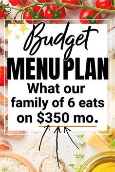 a sign that says budget menu plan what our family of 6 eats on $ 350 no