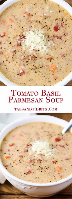 two bowls of tomato basil, parmesan soup on a wooden table with text overlay