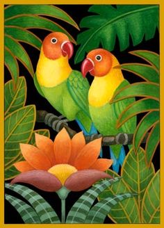 two parrots sitting on top of a tree branch next to some leaves and flowers