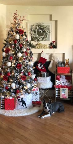 a dog laying on the floor in front of a christmas tree with presents under it