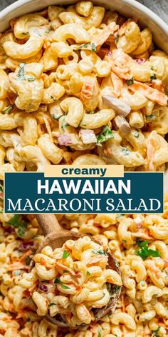 creamy hawaiian macaroni salad in a bowl with a wooden spoon