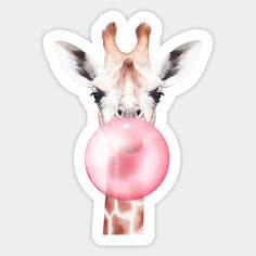 a giraffe is chewing on a pink bubble