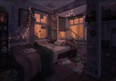 a bedroom with lights strung from the ceiling