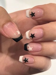 Gell Nails Extensions Design, Pentagram Nail Art, Non Basic Christmas Nails, Acrylic Nails Ideas Y2k, French Tip Nails With Star Design, Downtown Girl Nails Short, Gel Nail Designs On Natural Nails, Gothic Nails Almond, Almond Nails With Stars