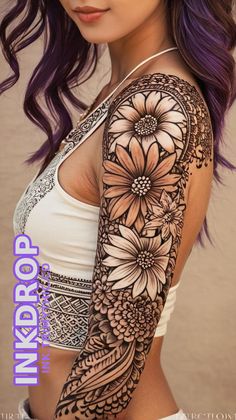 a woman with purple hair and tattoos on her arm