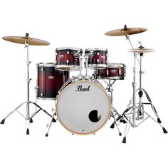 a drum set on a white background with the drums in front of it and two cycs