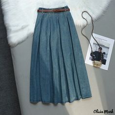 Olivia Mark - High-Waisted Elastic Denim Midi Skirt with Delicate Pleats and Flowy Design Denim Bodycon Skirt, Umbrella Skirt, Flowy Design, Elegant Skirt, Denim Midi Skirt, Types Of Skirts, Petticoat, Olivia Mark, Dress Backs