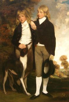 an oil painting of two boys and a dog