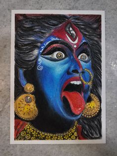 a drawing of a woman with blue paint on her face and ear rings, mouth open