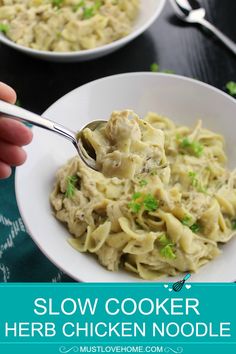 two bowls of chicken noodle soup with a spoon in one bowl and the words slow cooker herb chicken noodle