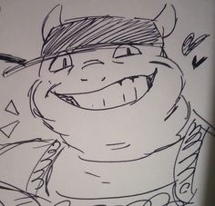 a drawing of a smiling man with horns on his head