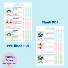 two printable planner pages with the words, blank pad and sun on them in blue background