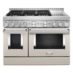 Satisfy your craving to create with a 48-inch KitchenAid® Commercial-Style Range with Even-Heat™ Chrome Electric Griddle. This 6-burner gas range features two versatile 20, 000 BTU Ultra Power™ Dual-Flame Burners with the power and precision to successfully sear, simmer, stir-fry and sauté. The double oven with Even-Heat™ True Convection helps you achieve more consistent baking and roasting. KitchenAid 48-in 6 Burners 4.1-cu ft / 2.2-cu ft Self-cleaning Convection Freestanding Smart Double Oven Freestanding Double Oven, Gas Range Double Oven, Convection Range, Electric Griddle, Avocado Cream, Dual Fuel Ranges, Large Oven, Cooking For A Crowd, Gas Oven