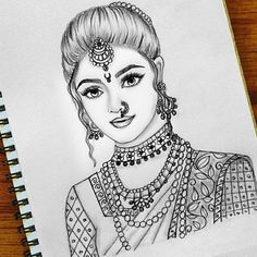 a pencil drawing of a woman with jewelry on her face